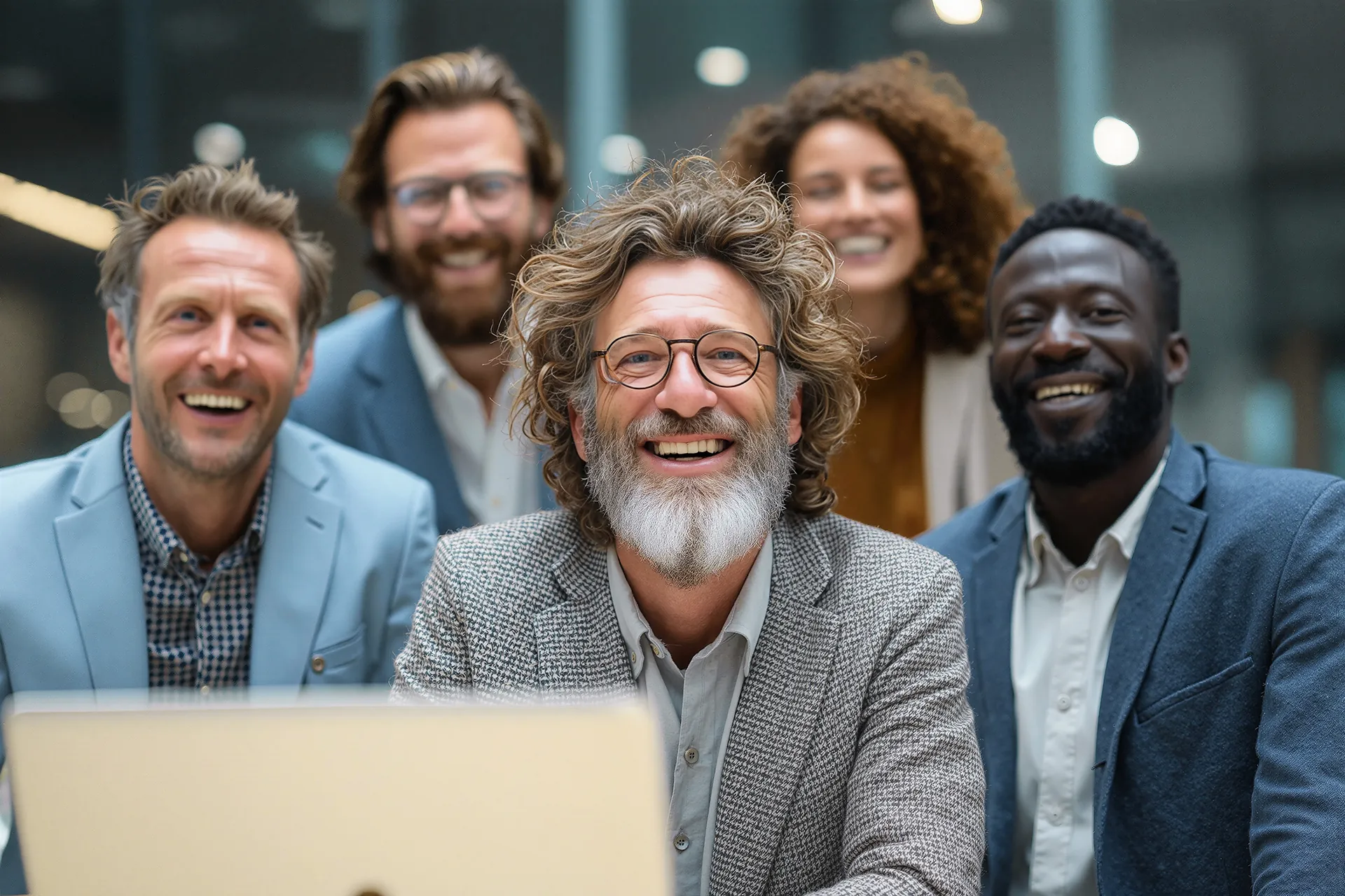 Stockfoto van lachende mensen met laptop
